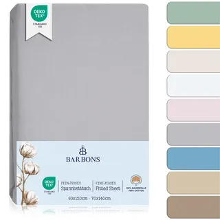 BARBONS Spannbettlaken für Baby/Kinderbett - 100% Jersey-Baumwolle Oeko-TEX Standard 100 Zertifiziert Bettlaken für Babybett (Hellgrau - 2er - 60x120cm / 70x140cm)