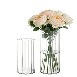 Koelaa 2er-Set Acrylvasen Transparent – Bruchsichere Kunststoff-Zylindervasen, Geriffelte Design Vasen Klar für Hochzeit, Tischdeko, Blumenarrangements, Wohnzimmer, Büro (10x20 & 12x30cm)