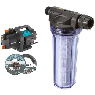 Gardena 09011-47 Gartenpumpen-Set 3000/5, bis zu 3.000 l/h mit schlauchset & 01730-20 Pumpen-Vorfilter 180 mm x 33,25 mm (1) AG, 30,3 mm (1) IG Kunststoff, Standard, bis zu 6000 l/h
