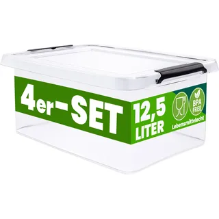 DEUBA® 4x Aufbewahrungsbox mit Deckel 12,5L Box Kunststoff Kisten lebensmittelecht BPA frei Klickverschluss transparent stapelbar Küche Schlafzimmer - Transparent