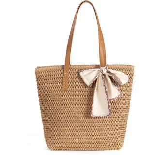 Boho Sommer Stroh Strohtasche Korbtaschen Damen Beach Geflochten Bag | Handwoven Straw, Vintage leichte faltbare mit Reißverschluss Sicherheit,Große kapazität perfekt für Pendeln, Einkaufen Urlaub