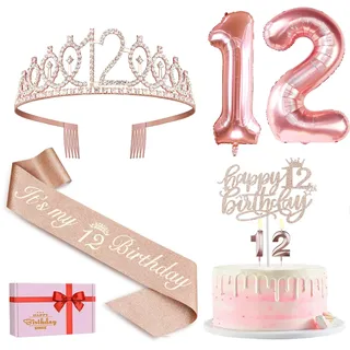Amosking 12 Geburtstag Mädchen Deko Roségold | 12 Geburtstag Krone, Schärpe, Tortendeko, Kerzen, Luftballons, Deko 12. Geburtstag Mädchen
