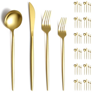 Evanda Gold Bestecksets 48 Stück Service für 12, Titanium Gold plated Edelstahl Besteck Set, Messer Gabeln Löffel Besteck Set für Hochzeit, Partys, Geburtstag, Restauroom, spülmaschinenfest