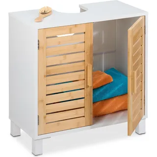 Relaxdays Waschbeckenunterschrank mit Bambus-Türen Weiß,Hellbraun