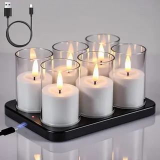 Eldnacele Wiederaufladbare LED Votivkerzen mit 6H Timer, 6er Pack Teelichter mit Ladestation, Acrylhülle, batteriebetrieben für Weihnachtsdekoration (Transparent)