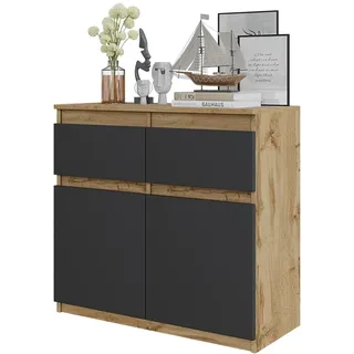 Kommode 80 cm Eiche Wotan / Anthrazit, 2 Schubladen, 2 Türen, 2 Einlegeböden, Wohnzimmer - Grau