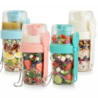 ALINK 4er Pack wiederverwendbare Joghurt-Parfait-Becher mit Deckel und Löffel, 27 oz, Cerealien-Parfait-Becher mit Salatbox, Behälter für über Nacht eingeweichte Haferflocken