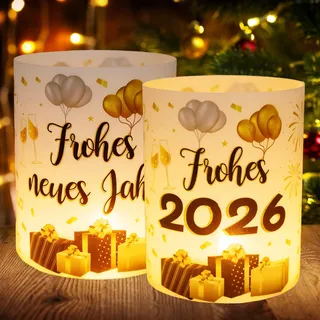 Forbabe 12 Windlicht Tischdeko Silvester, Frohes Neues Jahr 2026 Silvesterdeko Tisch Schwarzes Gold Neujahrs Dekoration Silvester Tischdeko 2026 Party Set für Teelichter/Kerzen zum Garten Party Deko