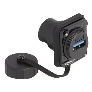Delock D-Typ Modul USB 3.2 Gen 1 Typ-A Buchse zu USB 3.2 Gen 1 Typ-A Buchse mit Verschlusskappe IP67 staub- und wasserdicht - Schwarz