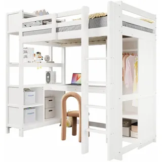 Stilvora Hochbett 90/200 cm in Weiß mit Schreibtisch, Regal und Kleiderschrank im minimalistischen Design , Holzwerkstoff , 90x200 cm , Babymöbel & Kindermöbel, Kinderzimmer & Jugendzimmer, Kinderbetten, Hochbetten