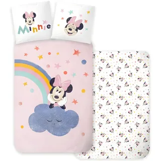 Minnie Mouse Bettwäsche-Set für Einzelbett, Bettbezug 140 x 200 cm + Kissenbezug 60 x 65 cm, 100 % Baumwolle, weiche und atmungsaktive Bettwäsche, niedliche Kinderzimmer-Dekoration mit Disney-Design
