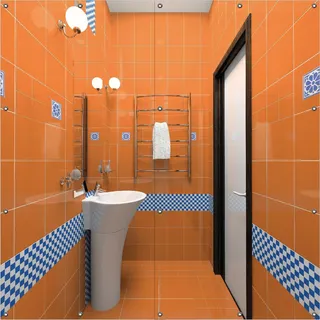 Wallario Outdoor-Poster für Garten oder Balkon, Motiv Modernes Badezimmer in orange mit blauen Fliesen, in ca. 180 x 180 cm - Braun