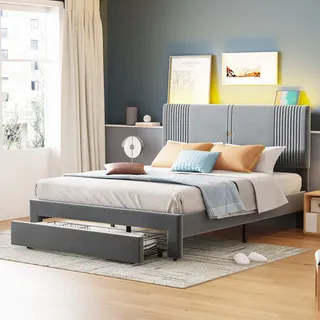 Flieks Polsterbett 140x200cm mit USB, Jugendbett Doppelbett mit Schublade, Holzbett Stauraumbett mit Lattenrost und LED, Samt, Grau - Grau