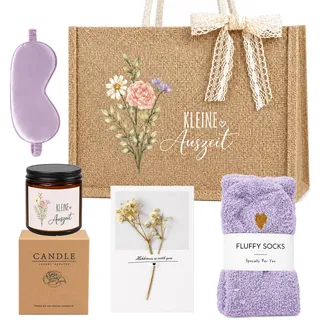 Figlove Geschenkset für Frauen – Wellness Geschenke Kleine Auszeit Set mit Jutetaschen Duftkerzen & Socken, Geburtstagsgeschenk für Freundin, Kollegin, Schwester, Mama & Oma (Lila)