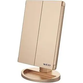 WEILY Schminkspiegel mit Beleuchtung, Kosmetikspiegel mit 1X/2X/3X Vergrößerung, Faltbare Schminkspiegel mit LED-Beleuchtung und Touchscreen, Tischspiegel Unterstützung USB und Batterie (Golden)