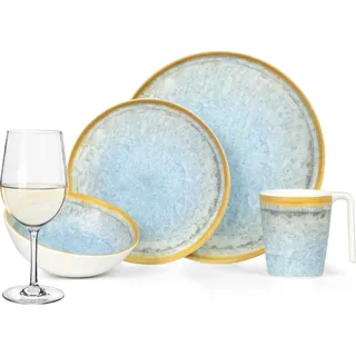 Melamin Camping Geschirr Set 4 Personen Crystal Blue + 4 Tiamo Weiß Weingläser Tafelgeschirr Picknick BBQ Kochgeschirr