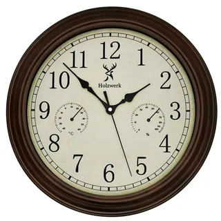 Holzwerk HORNBERG Vintage Retro Quarz Wanduhr mit Temperaturanzeige und Hygrometer Feuchtigkeitsmesser Thermometer Holz-Uhr nahezu lautloses Uhrwerk Braun Massivholz 14 Zoll 35cm (.Braun)