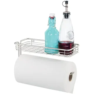 iDesign Classico Wand Küchenrollenhalter | Küchenpapierhalter mit Ablagekorb | auch als Klorollenhalter geeignet | Metall mattsilber