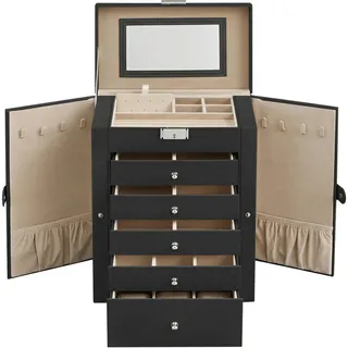 Boxxx Schmuckkästchen , Schwarz, Beige , Textil, Leder, Holzwerkstoff , Lederlook , 26x32x15.6 cm , Ringhalter, Kosmetikspiegel, Schubladen herausnehmbar , Kleinmöbel, Schmuckkästchen & Schmuckschränke