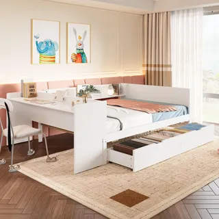 Flachbett, Holzbett, 140 x 200 cm, mit Schreibtisch, ausgestattet mit 2 Schubladen, Doppelbett (ohne Matratze), mit Regalen, Kiefernholz + Spanplatte, weiß