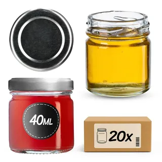 KADAX 20st Mini Gläser 40 ml mit Schraubdeckel fi 43mm, Einmachglas, Gewürzgläser mit Deckel, Sturzglas, Probiergläser, Marmeladengläser, kleine Honiggläser (20 Stück, Silber Deckel)
