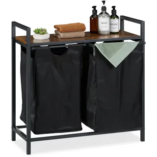 Relaxdays Wäschekorbregal, HBT: 72x73x33 cm, Wäscheablage, 2 ausziehbare Fächer, Wäschesammler Industrial, schwarz/braun