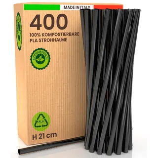 400 Ökologische 100% Wiederverwendbare Strohhalme aus Starrem Biokunststoff 21cm x 6mm Made in Italy Biologisch Abbaubar und Kompostierbar für Getränke Cocktails Veranstaltungen Partys Farbe Schwarz