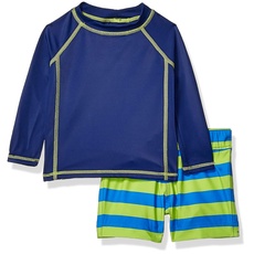 Amazon Essentials Baby Jungen Langarm-Badeanzug-Sets mit Rashguard und Badehose, Blau/Grün Streifen, 18 Monate