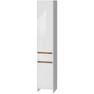 Vicco Badschrank Detmold Weiß Hochglanz/Goldkraft Eiche 35 x 190 cm mit 2 Türen und eine Schublade