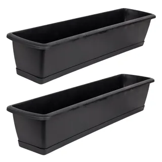 BigDean 2X Blumenkasten mit Untersetzer 80 cm lang anthrazit | Balkon Pflanzkasten schmal Balkonkasten - aus PP-Kunststoff - Wetterfest & Langlebig