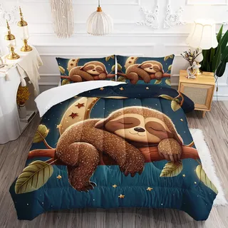 XYNHML Kawaii Braune Faultier Bettdecken-Set 3-teilig Bettwäsche mit Galaxy Moon Twin Universe Outer Space Star Bettwäsche Set für Kind Teenager Mädchen Junge Bett Dekor Schlafen Faultier Bettdecke
