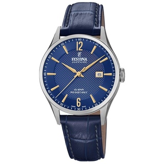 Festina Swiss Made Silber Edelstahl Case BlauLeder Band