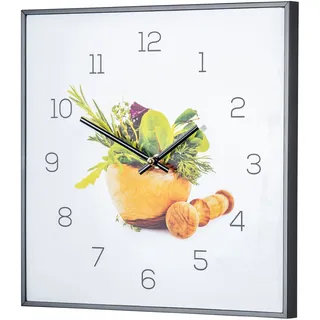 Wanduhr 30x30cm Uhr PVC Rahmen Schwarz Küche Kräuter Gewürze Kochen Deko Wanddeko Wandbild