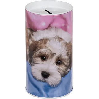 makio Spardose für Kinder, Welpen, Hunde und Katzen. Originelle Spardose aus Zinn mit Deckel, auch als Stiftdose verwendbar (weißer Hund)