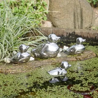 Teichdeko Entenfamilie 4er Set aus Keramik - Schwimmdeko Silber für Gartenteiche - Miniteiche für Innen & Außen - Tierfiguren