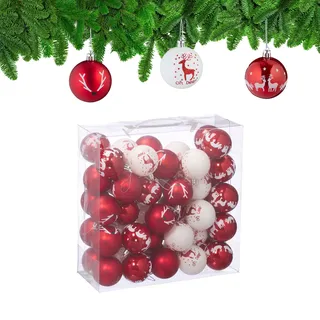 Relaxdays Weihnachtskugeln 50er Set, Kunststoff, Tannenbaumkugeln Rentier-Motive, Ø 6 cm, Weihnachtsbaumkugeln, rot/weiß