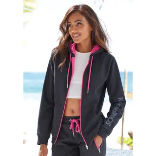 Sweatjacke KANGAROOS, Damen, Gr. 48/50, schwarz, Single Jersey, Obermaterial: 60% Baumwolle, 40% Polyester, bedruckt, kontrastfarbene Details, unifarben mit Farbeinsätzen, bequem hüftbedeckend, Rippbündchen, Sweatjacken Sweatjacke, mit kontrastfarbenen Details, Loungewear, Topseller