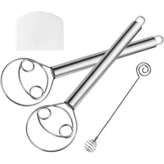 HOTUT Dänischer Teigbesen, 4 Stück Teigbesen Teigmischer Edelstahl Set,Dänisch Schneebesen mit Teigschneider,Honigstangen, Küchenzubehör für Brot, Teig, Kuchen, Gebäck und mehr