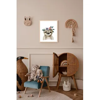 Lüttenhütt Bild mit Rahmen »oder Poster, Faultier mit Blumenkranz«, Fantasy-Faultier-Tiere, (1 St.), HD Premium Druck, bunt
