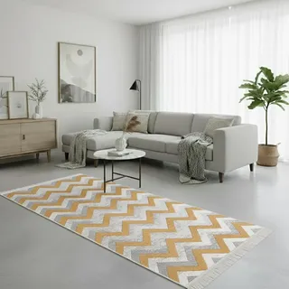 jimri Fashion4Home Teppich Läufer - Tepiche für Wohnzimmer, Schlafzimmer, Küche, Kinderzimmer, Badezimmer - Boho Kelim - Läufer Flur, Zigzag-Gold, Größe: 60x180 cm
