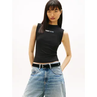 T-Shirt TOMMY JEANS "TJW SLIM ESS LOGO 2 RIB TANK", Damen, Gr. L (40), schwarz, Single Jersey, Obermaterial: 95% Baumwolle, 5% Elasthan, unifarben, slim fit hüftlang, Rundhals, Shirts T-Shirt, mit gerippter Struktur