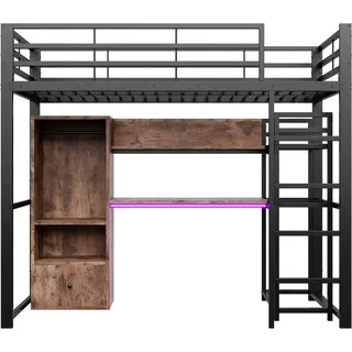 okwish Hochbett 90x200cm mit Schreibtisch und LED Leuchten Schwarz ohne Matratze