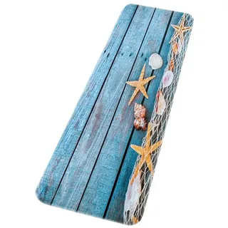 A.Monamour Badematten Badteppiche Badvorleger Retro Blau Holz Fußboden Angeln Netz Muschel Muscheln Starfish Nautisch Gedruckt Saugfähigen Flanell Dekorative Badematten Teppiche Für Bad Duschzubehör