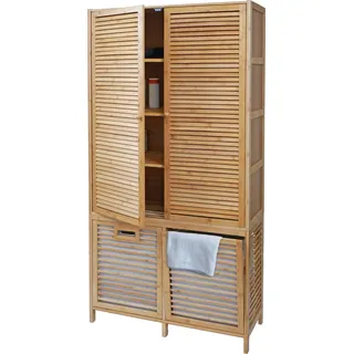Bambus Badezimmerschrank HWC-N83, Regal Badregal Badschrank Schrank, 2 Wäschekörbe 2 Türen 168x82x34cm - Braun