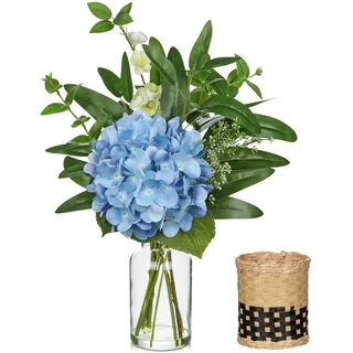 Hollyone Hortensien Künstliche Blumen mit Vase, Falsche Hortensie Blumen Blau, Faux Pflanzen und Blumen in Vase, Seidenblumen in Glasvase für Tisch Centerpiece, Haus, Büro, Hochzeit Dekoration