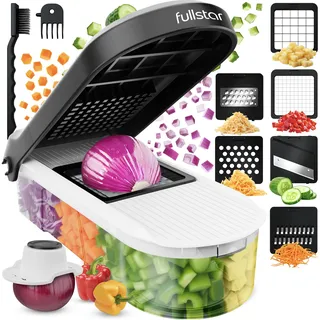Fullstar Gemüseschneider und Mandoline Gemüsehobel - Julienne- und Würfelschneider für Gurken Zwiebeln Kartoffeln Früchte - Reibe für Gemüse Käse - Küchenzubehör Küchengeräte (6-in-1 Kompakt Weiß)