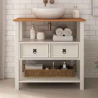 Idimex Waschbeckenunterschrank Tequila , Weiß, Eichefarben , Holz , Kiefer , Vintage , 80x78x40 cm , FSC Mix , Badezimmer, Badmöbel, Waschbeckenunterschränke