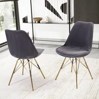 FineBuy Esszimmerstuhl 2er Set Grau Cara-Stoff Küchenstuhl mit goldenen Beinen Cord-Schalenstuhl Skandinavisches Polsterstuhl mit Stoffbezug Stuhl - Grau