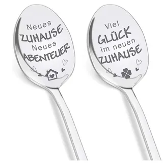 2er Set Kaffeelöffel Hauswarming Geschenk - Hochwertige Edelstahl-Löffel mit Gravur, Einzugsgeschenk für Frauen, Nachbarn, Haus Einweihungsparty, Richtfest Geschenk mit Brot & Salz Idee