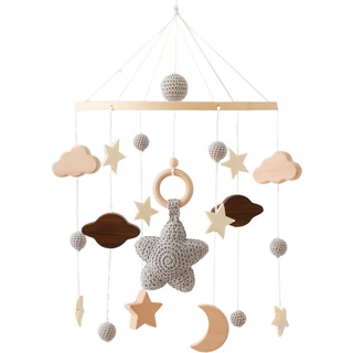 GLITZFAS Babybett Mobile Baby Windspiel, Mobile Baby Holz mit Filzbällen und Wolken Ornament Kinderzimmer Hängende Bettglocke Geschenk für Baby Mädchen oder Jungen, Rassel Spielzeug (Grau)